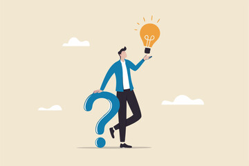 Question and answer, q and a or solution to solve problem, FAQ frequently asked question, help or creative thinking idea concept, smart businessman holding question mark sign and lightbulb solution.