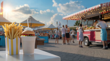 Fototapeta premium Delicious fries and burger in vibrant food market, with food truck in background, creating lively atmosphere