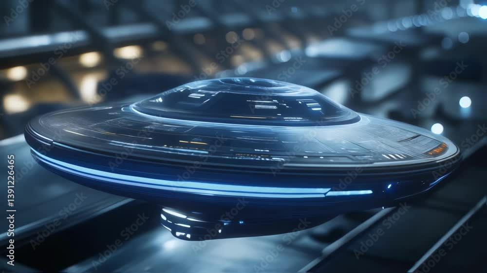 Poster advanced alien spaceship with glowing lights and intricate details hovering inside a space dock, sho