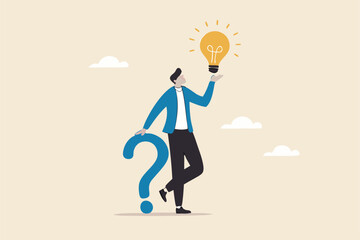 Question and answer, q and a or solution to solve problem, FAQ frequently asked question, help or creative thinking idea concept, smart businessman holding question mark sign and lightbulb solution.