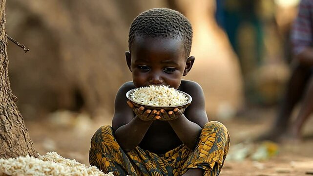 Innocence and Hope: A young child in an impoverished setting, embraces a bowl of rice with hopeful and innocent eyes, symbolizing the everyday struggles of life and the unwavering human spirit.