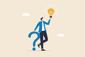 Question and answer, q and a or solution to solve problem, FAQ frequently asked question, help or creative thinking idea concept, smart businessman holding question mark sign and lightbulb solution.