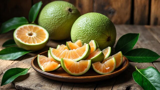 Fresh green pomelo on a plate with a leaf, displayed on a wooden surface; tropical summer fruits including pummelo and grapefruit.