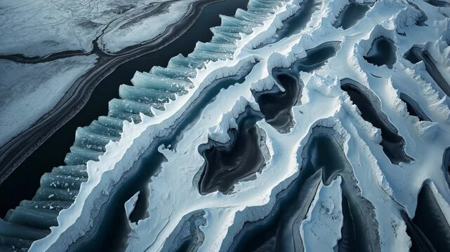 Svinafellsjokull Glacier showcases jagged ice structures mixed with dark volcanic ash layers, emphasizing the dynamic interaction between ice and volcanic geology.