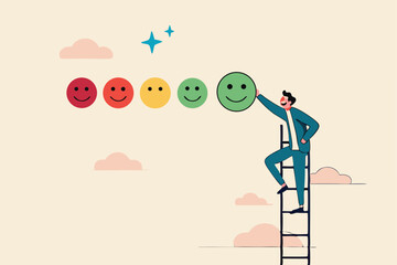 Customer satisfaction, feedback or appreciation rating, positive score or good quality service, customer experience vote concept, young man climb up ladder to give positive smile feedback rating.