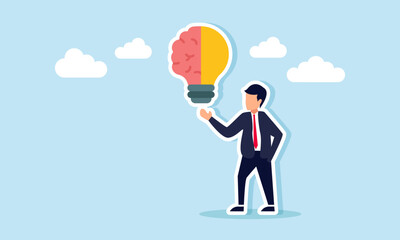 Businessman showing a light bulb partially shaped like a brain, illustration of thinking about ideas relevant to business