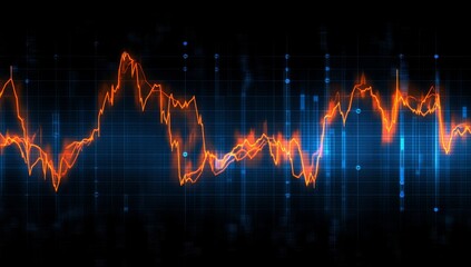 Abstract data visualization of fluctuating audio or market trends.  Complex graphic representation of dynamic information
