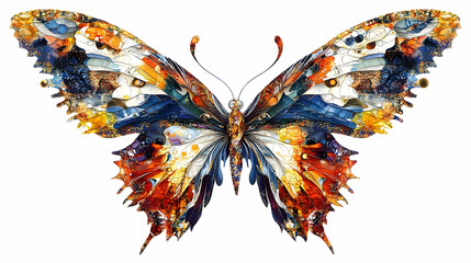 A vibrant multicolored butterfly displayed on a plain white background