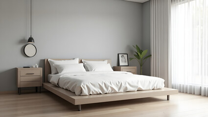 Minimalist Bedroom Interior with Natural Light and Wooden Furniture