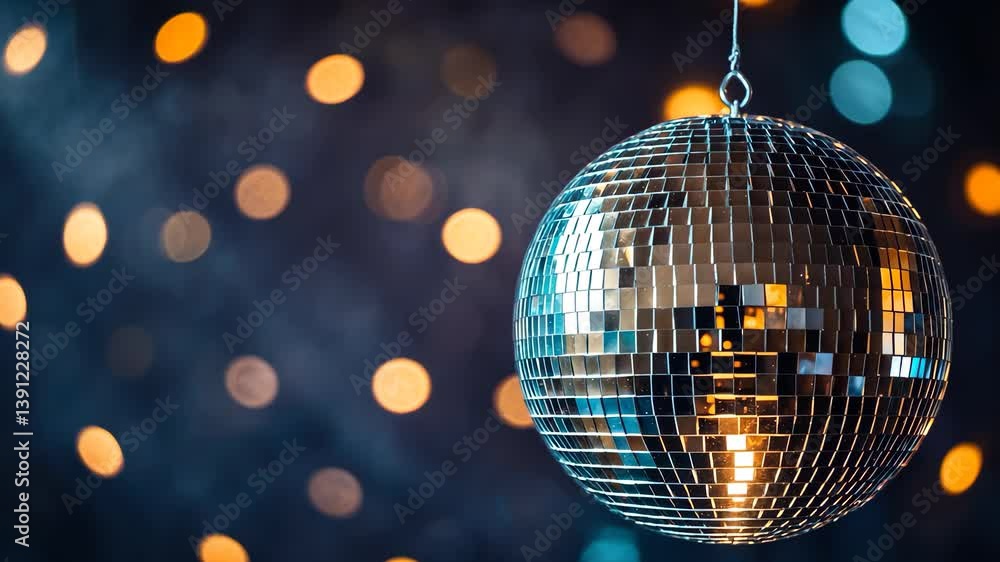 Aufkleber illuminated shiny disco ball with lights on a dark background, featuring space for text. bokeh effec