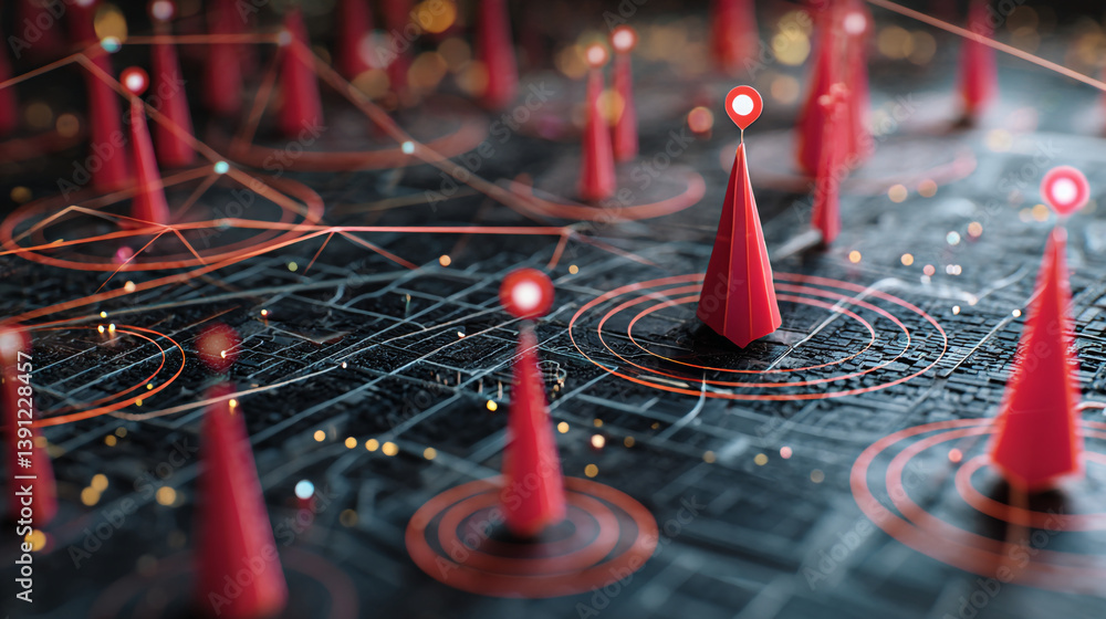 Poster abstract network with red markers indicating location on a dark surface with glowing lines