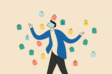 Frustrated or overwhelmed from multitasking, work overload too many tasks, busy overworked, appointment or tired exhausted concept, frustrated businessman working with chaotic sticky notes.