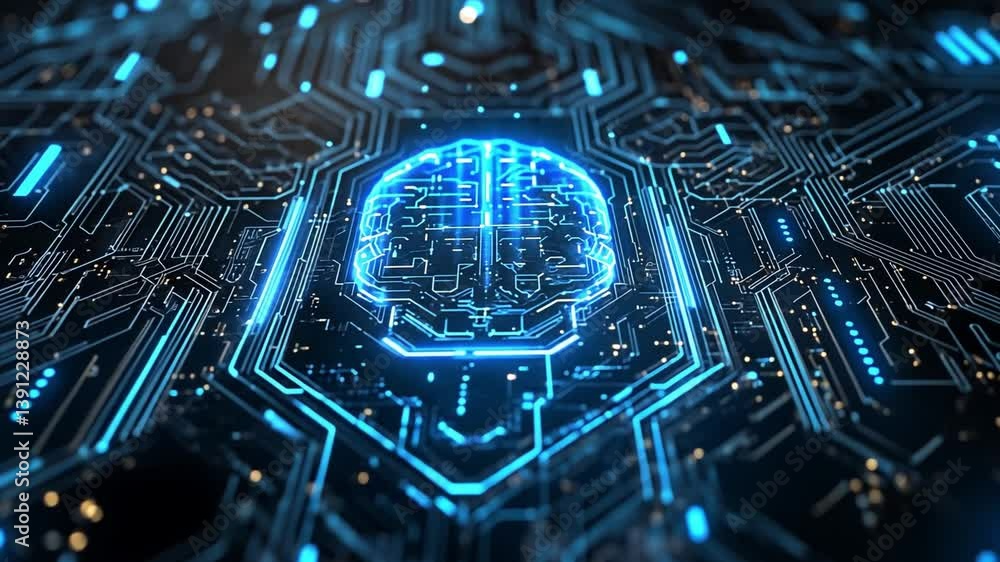 Poster brain circuit: a cutting-edge depiction of a glowing brain rendered within a complex network of circ