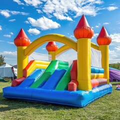 Colorful inflatable bounce house with slides, perfect for outdoor fun
