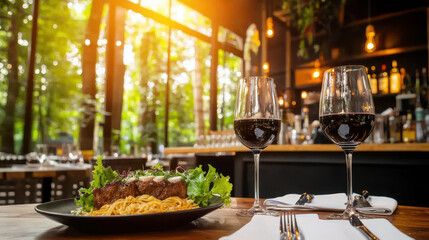 Fototapeta premium luxurious dining experience featuring gourmet steak dish paired with red wine, set in beautifully lit restaurant