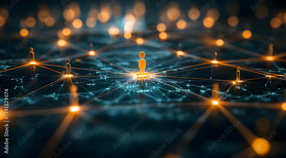 Poster a captivating graphic representation of a network connecting individuals through glowing nodes and l