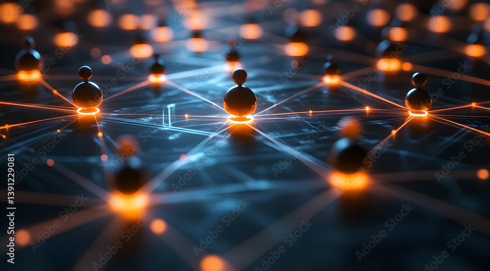 Poster a close-up view of a digital network, showcasing interconnected nodes illuminated in blue and orange