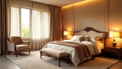 Serene Bedroom Interior Design with Warm Lighting, Elegant Furniture, and Luxurious Textiles
