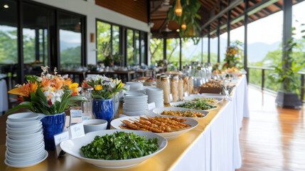 Obraz premium luxurious Thai catering buffet featuring variety of dishes, fresh ingredients, and beautiful presentation in scenic setting
