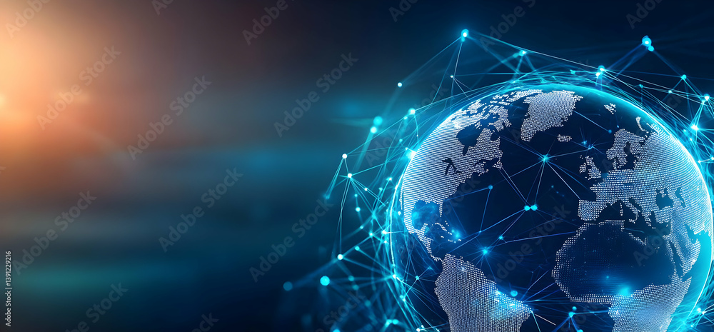 Poster a digital globe interconnected with lines and dots, symbolizing global connectivity and technology i