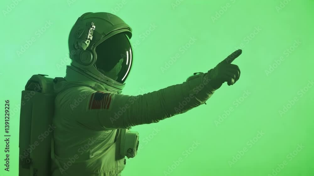 Aufkleber astronaut wearing a spacesuit with an american flag patch points towards something off screen agains
