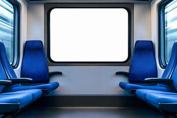 Interior view of a modern train carriage featuring blue seating and a large empty window for advertising or scenic views.