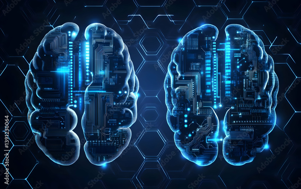 Poster a futuristic representation of a brain with digital circuits, symbolizing the connection between tec