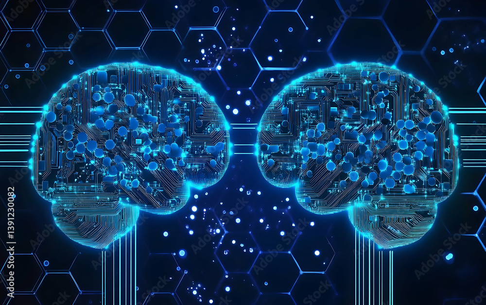 Poster futuristic digital brain concept with interconnected nodes. represents artificial intelligence and a