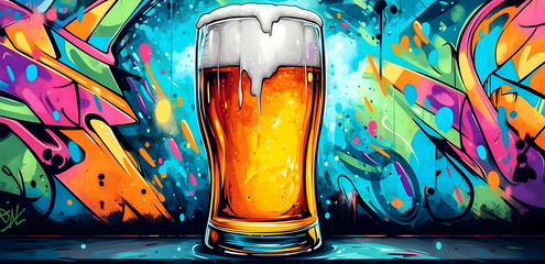 A vibrant beer glass stands out against an artistic, colorful graffiti background, showcasing the joy of social gatherings.