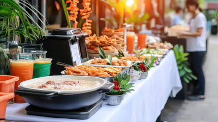 vibrant Thai breakfast catering station featuring variety of dishes, fresh juices, and tropical decor, creating delightful