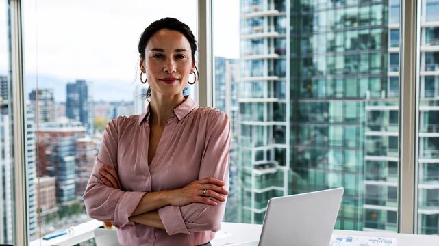 Confident Professional in a Modern Office: A poised woman, arms crossed, stands confidently in a modern office setting with a stunning city view through large windows, conveying power, leadership.