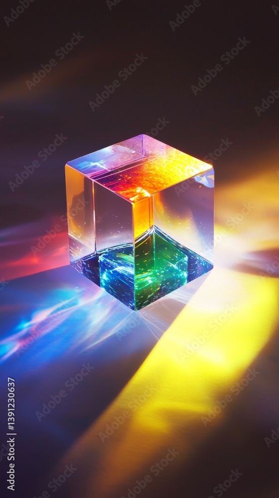 Poster a vibrant light reflection through a colorful transparent cube on a dark surface.