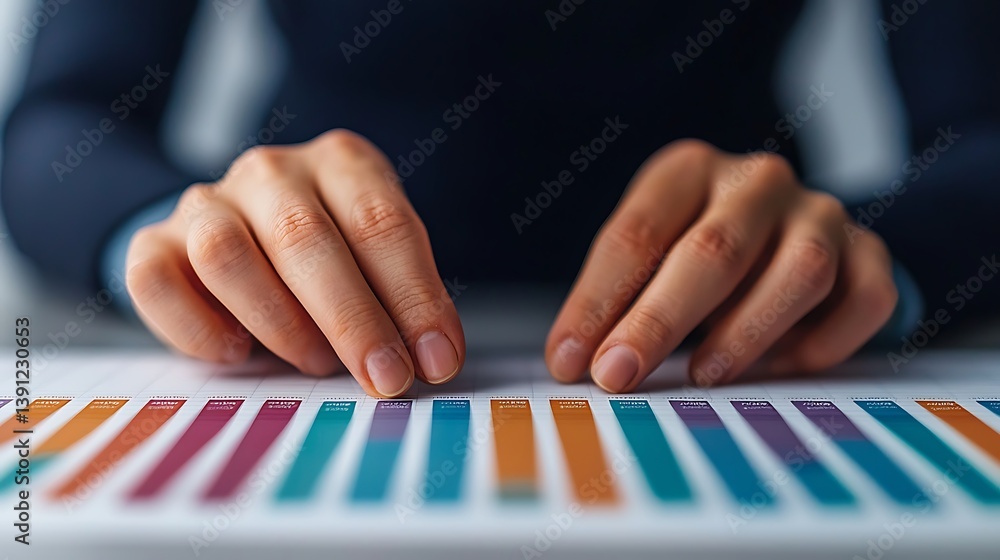 Poster analyzing data: hands pointing at colorful graph chart, reviewing performance, business growth, and 