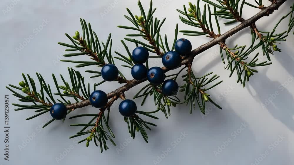 Poster close-up macro view of juniper twig with berries, set against a white background.
