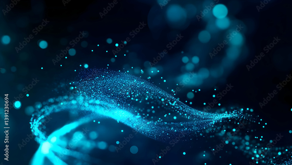 Poster a captivating abstract image showcasing vibrant blue particles swirling through the darkness, creati