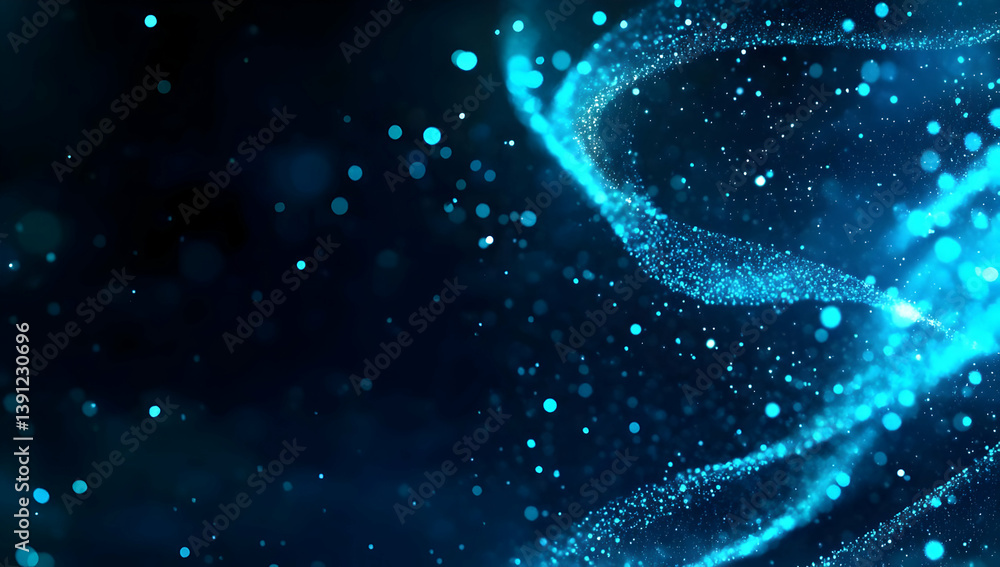 Poster abstract blue particles floating gracefully in a dark background, creating a sense of depth and moti