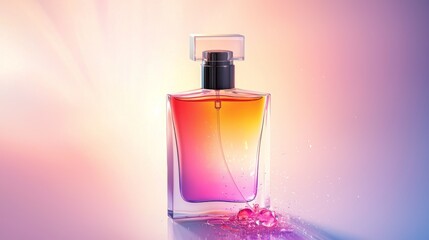 A vibrant perfume bottle showcasing elegant design and rich color gradients.