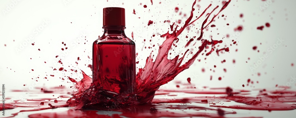 Poster a vibrant red liquid splashing around a bottle, creating an energetic visual impact.