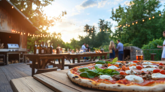 delicious wood fired pizza sits on wooden table, surrounded by vibrant outdoor setting with people enjoying gathering