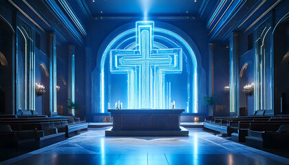 Futuristic Altar with Holographic Cross Projection in Sci-Fi Minimalist Chapel Interior