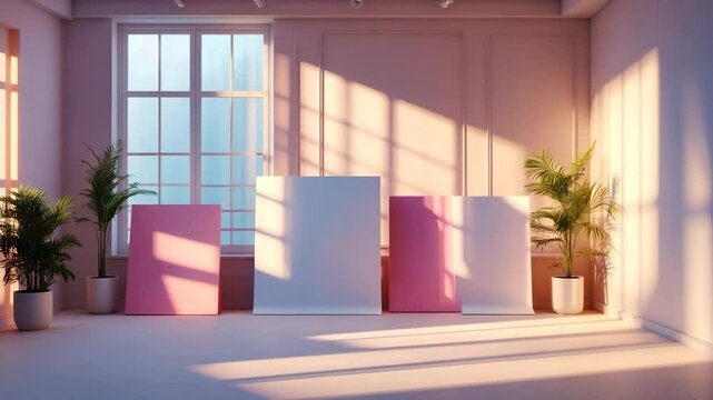 Studio backdrop with interior walls and displays highlighting products amid colored window shadows. Suitable background for text and product showcase.