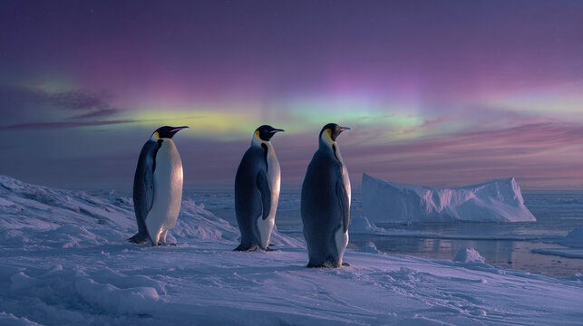 Three emperor penguins standing on ice with aurora borealis in the background at dusk arctic scene