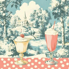 A whimsical mix of 1950s diner-style polka dots and pastel milkshake.