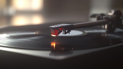 A vintage turntable playing a vinyl record in soft lighting, capturing musical nostalgia.