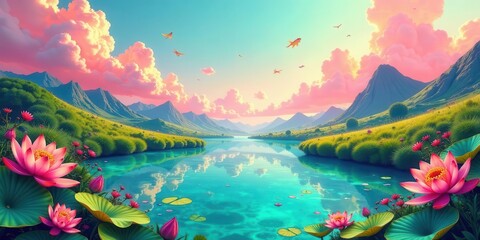 Serene Lakeside Vista Pink Clouds Reflecting on Tranquil Waters Surrounded by Lush Greenery and Blooming Lotus Flowers