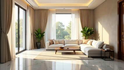 Fototapeta premium Sunlit Modern Living Room with Sectional Sofa and Floor-to-Ceiling Windows