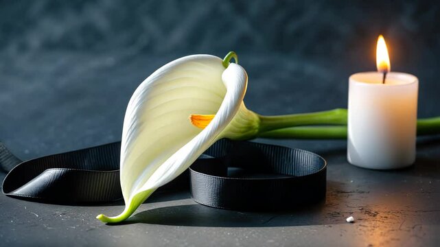 White Zantedeschia with a mourning ribbon and lit candles in the background. Theme of grief and mortality.