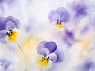 Watercolor Pansy Flowers in Purple and Yellow Tones on White Artistic Floral Pattern for Wall Art Design