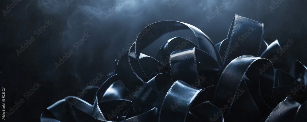 Poster abstract image of black ribbons interwoven with a misty background, symbolizing complexity.