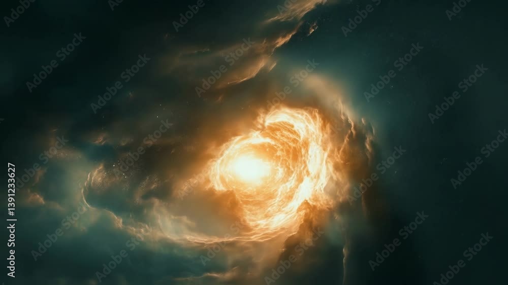 Poster golden cosmic clouds are swirling around a bright light source in the vast expanse of deep space, cr
